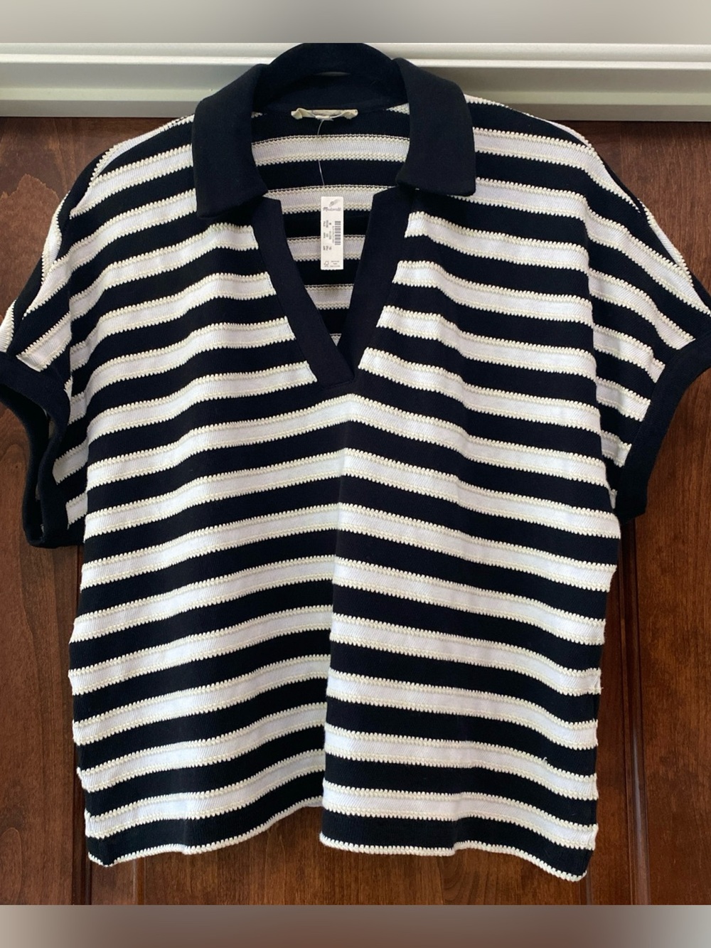Madewell Women's Relaxed V-Neck Polo Shirt in Stripe Sz M NWT Black White